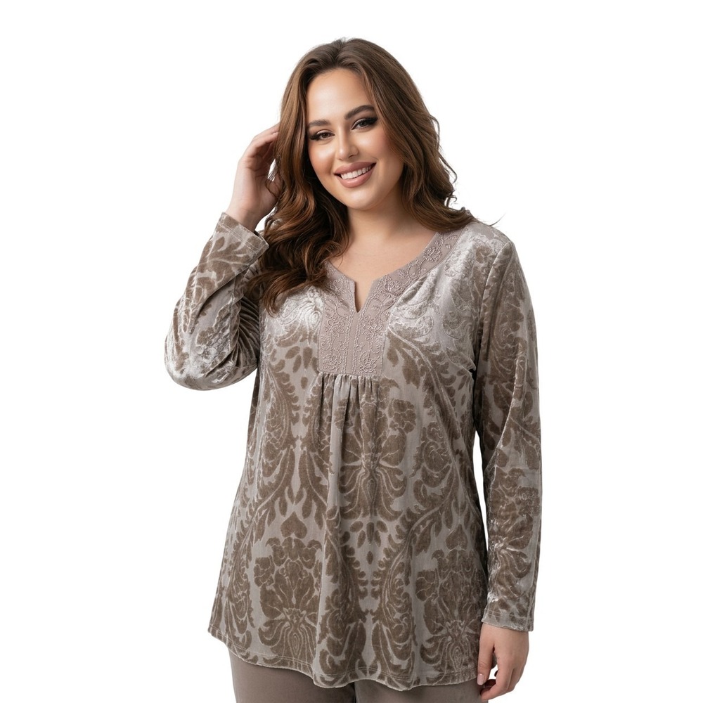 Krazy Kat Babydoll Velvet Burnout Tunic Top Women 2X Beige Boho Fairy Whimsigoth
